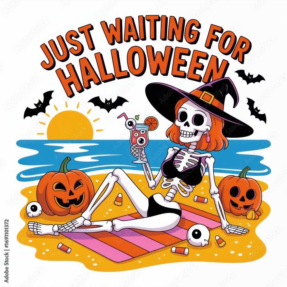 Fototapeta premium A playful skeleton in a swimsuit enjoys a beach day, surrounded by pumpkins and candy, eagerly awaiting Halloween.
