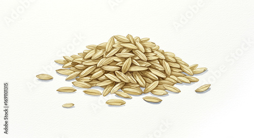 Watercolour illustration of uncooked rice grains arranged on a clean white background. Ideal for use in food packaging, recipe books, educational materials, culinary blogs