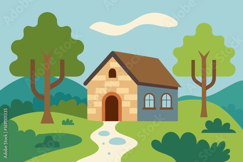 a rustic stone cottage with a flowing stream in th