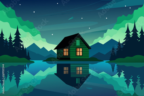 a rustic log cabin by a tranquil lake  reflections
