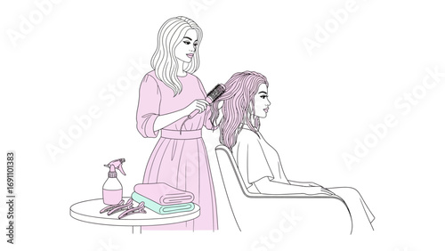 Two women in aprons applying makeup and holding beauty products illustrating a makeup artist working with a client in a salon or studio setting