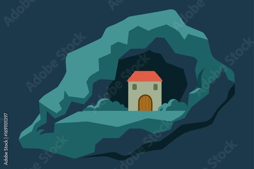 a serene and hidden grotto with a small dwelling b