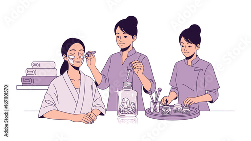 Elegant hand drawn illustration of a skilled hairdresser meticulously styling a client s long flowing hair with a comb and spray bottle in a salon setting