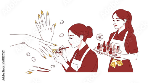 A customer receives a beauty treatment or consultation from two attentive spa therapists or estheticians in a serene salon environment