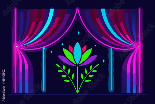 a vibrant neon glow backdrop with dark drapes  ill