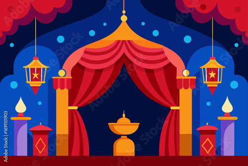 a vibrant moroccan bazaar backdrop with richly pat