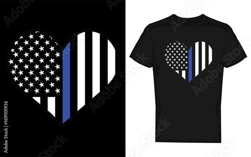 Patriotic police officer support heart with thin blue line us flag silhouette design for law enforcement appreciation