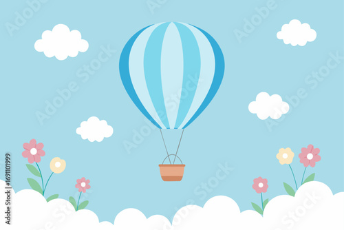a whimsical hot air balloon backdrop with sky blue
