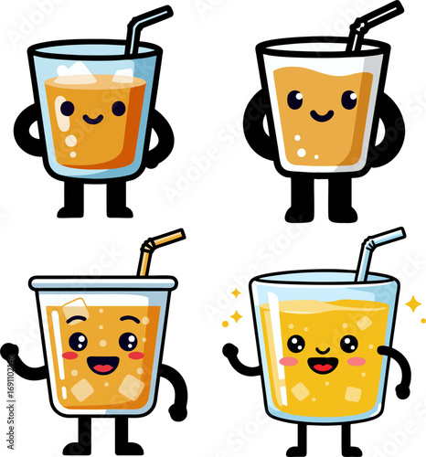 Cheerful and fresh orange juice glass character set. A collection of cute, smiling cartoon beverage mascots for healthy drink concepts