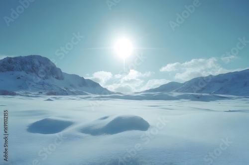 スノーフィールドでの日光浴 山々が青い空の下に広がる 白い雪と輝く太陽のコントラスト 冬の景色の美しさを表現