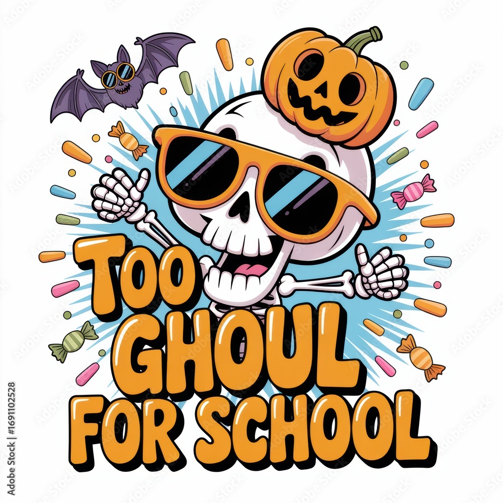 Naklejka premium A playful skull character wearing sunglasses and a pumpkin hat, celebrating Halloween with candy and quirky elements.
