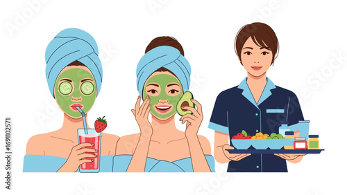 Relaxing spa day with a woman receiving a facial treatment while two estheticians attend to a man s eyebrows and eyelashes in a clean salon