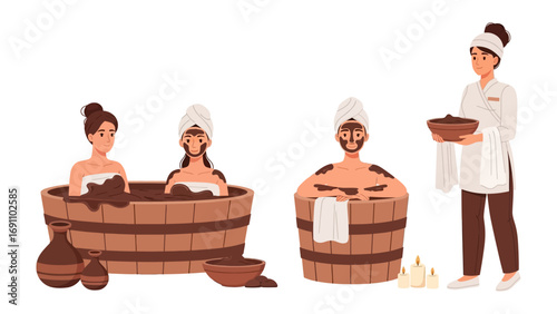 Two women and two men in a spa setting receiving facial treatments and massages with beauty products and professional care