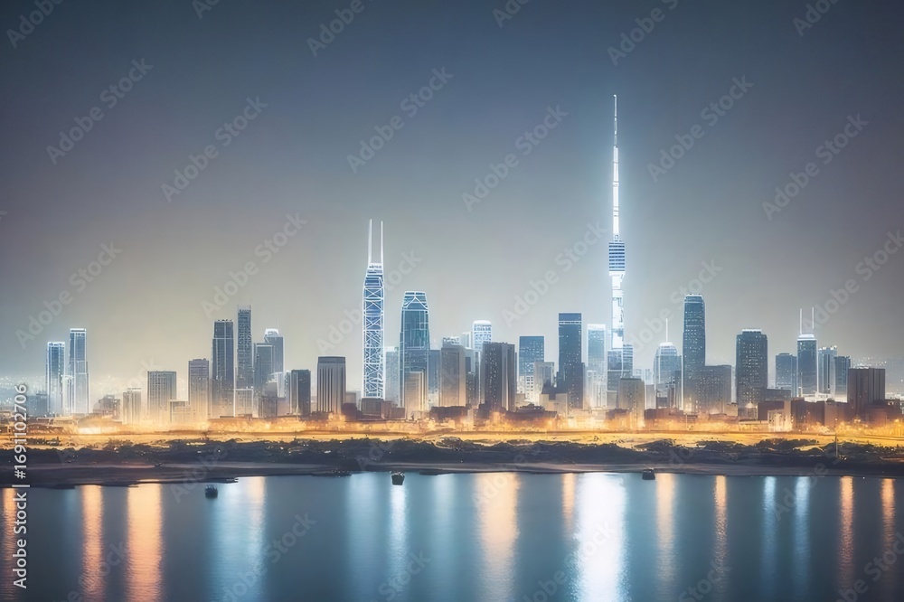 Obraz premium Illuminated Dubai Skyline At Night Reflecting In Water Under Dark Blue Sky Scenery