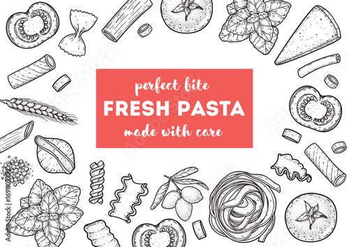 Traditional Italian pasta sketch. Italian food. Staple food. Hand drawn vector illustration. Background for packaging, menu. Top view. Not AI