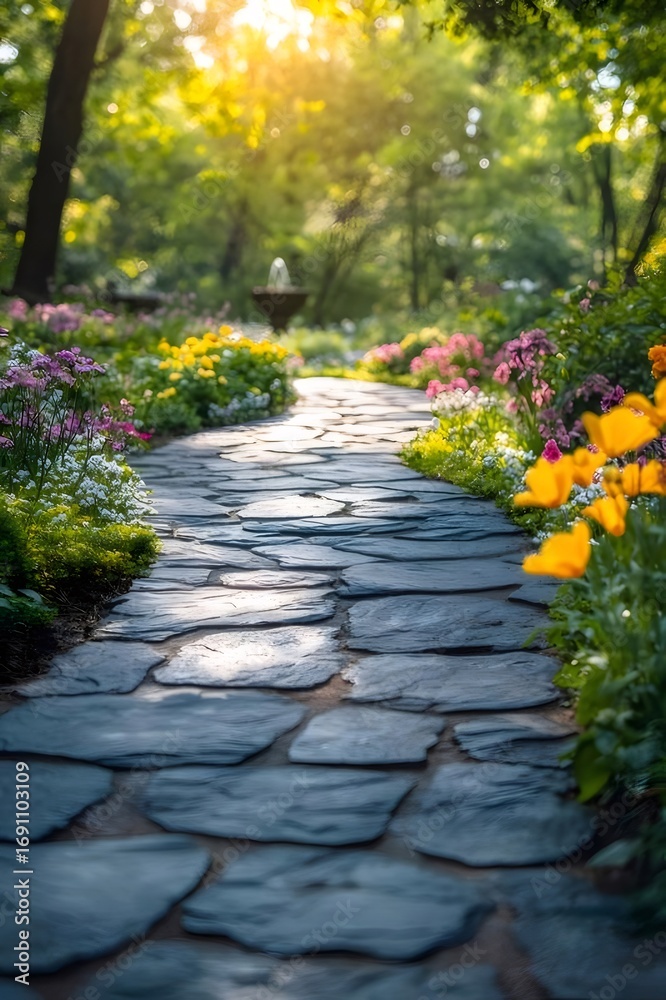 Obraz premium Stone Path Leads To Fountain Through Lush Green Garden with Yellow and Purple Flowers