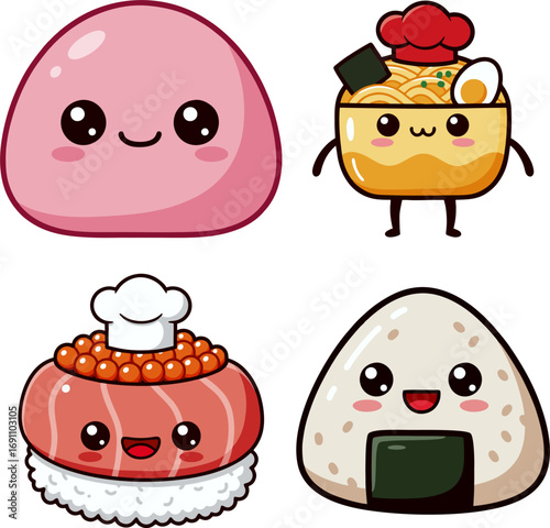 A delightful set of four kawaii Japanese food illustrations. This collection features cute, smiling characters of mochi, ramen, sushi, and onigiri