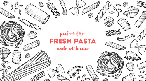 Traditional Italian pasta sketch. Italian food. Staple food. Hand drawn vector illustration. Background for packaging, menu. Top view. Not AI