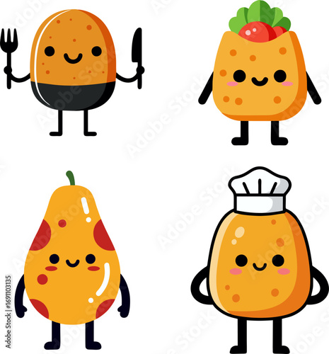 Set of cute food character illustrations featuring a happy potato with cutlery, a tasty burrito, a spotted pear, and a dough chef mascot