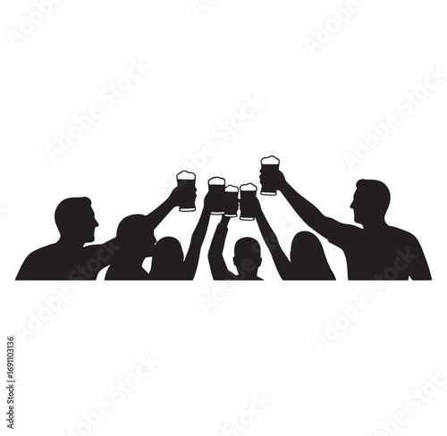 People silhouetted cheering with beer mugs celebrating and having fun together in a group