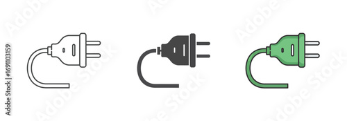 Vector art of set of three electric power plugs, one outlined, one solid black, and one green, all isolated on a, representing electrical connection and energy