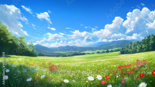 花の咲く牧草地の風景 青い空と白い雲のある晴れた日の穏やかなシーン