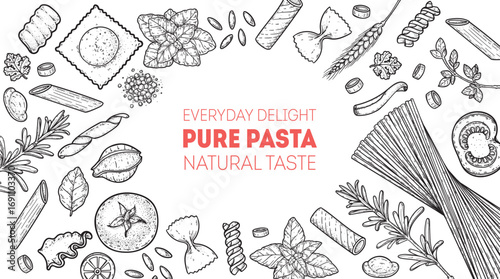 Traditional Italian pasta sketch. Italian food. Staple food. Hand drawn vector illustration. Background for packaging, menu. Top view. Not AI