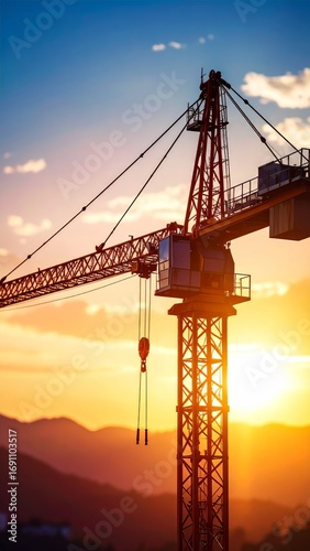 Construction crane silhouetted against a vibrant sunset sky at the construction site