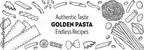 Traditional Italian pasta sketch. Italian food. Staple food. Hand drawn vector illustration. Background for packaging, menu. Top view. Not AI
