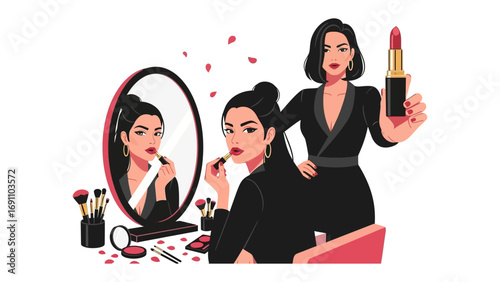 A collection of professional makeup artist tools including a variety of brushes an eyeshadow palette with vibrant colors and three lipsticks on a white background