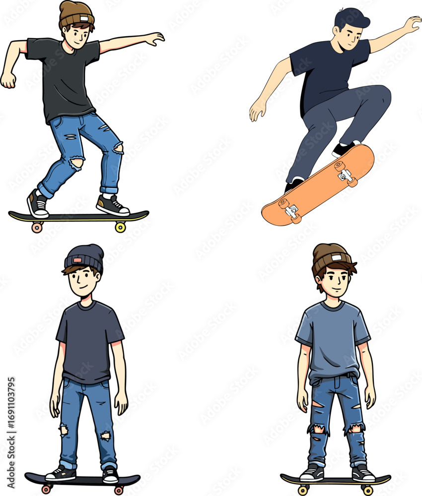 Obraz premium Vector set of teenage boys skateboarding. Illustrations of young male skater characters in action, representing youth culture and an active urban lifestyle