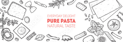 Traditional Italian pasta sketch. Italian food. Staple food. Hand drawn vector illustration. Background for packaging, menu. Top view. Not AI