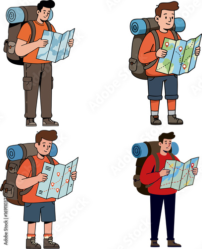 Set of young male traveler cartoon characters with backpacks, navigating with a paper map. Vector illustration for hiking and tourism concepts