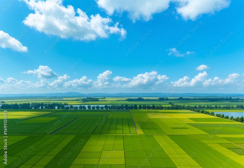 Obraz premium 緑豊かな田園風景が広がる美しい日本の田園風景 青空と白い雲が景色を彩ります