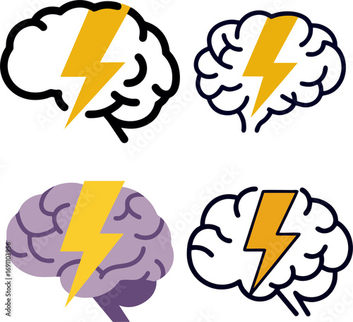 Collection of creative thinking and brainstorming icons. Vector set of human brains with lightning bolts symbolizing new ideas, inspiration, and intellectual power