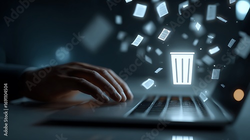Deleting Files Hand on Laptop Keyboard with Trash Can Icon and Floating Documents