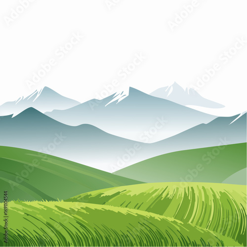 Green rolling hills under misty mountains