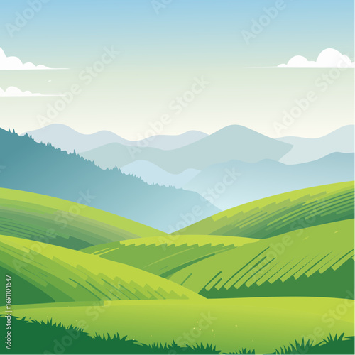 Green rolling hills under misty mountains
