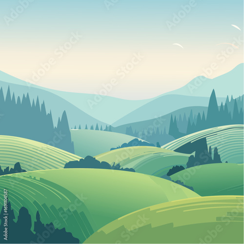 Green rolling hills under misty mountains