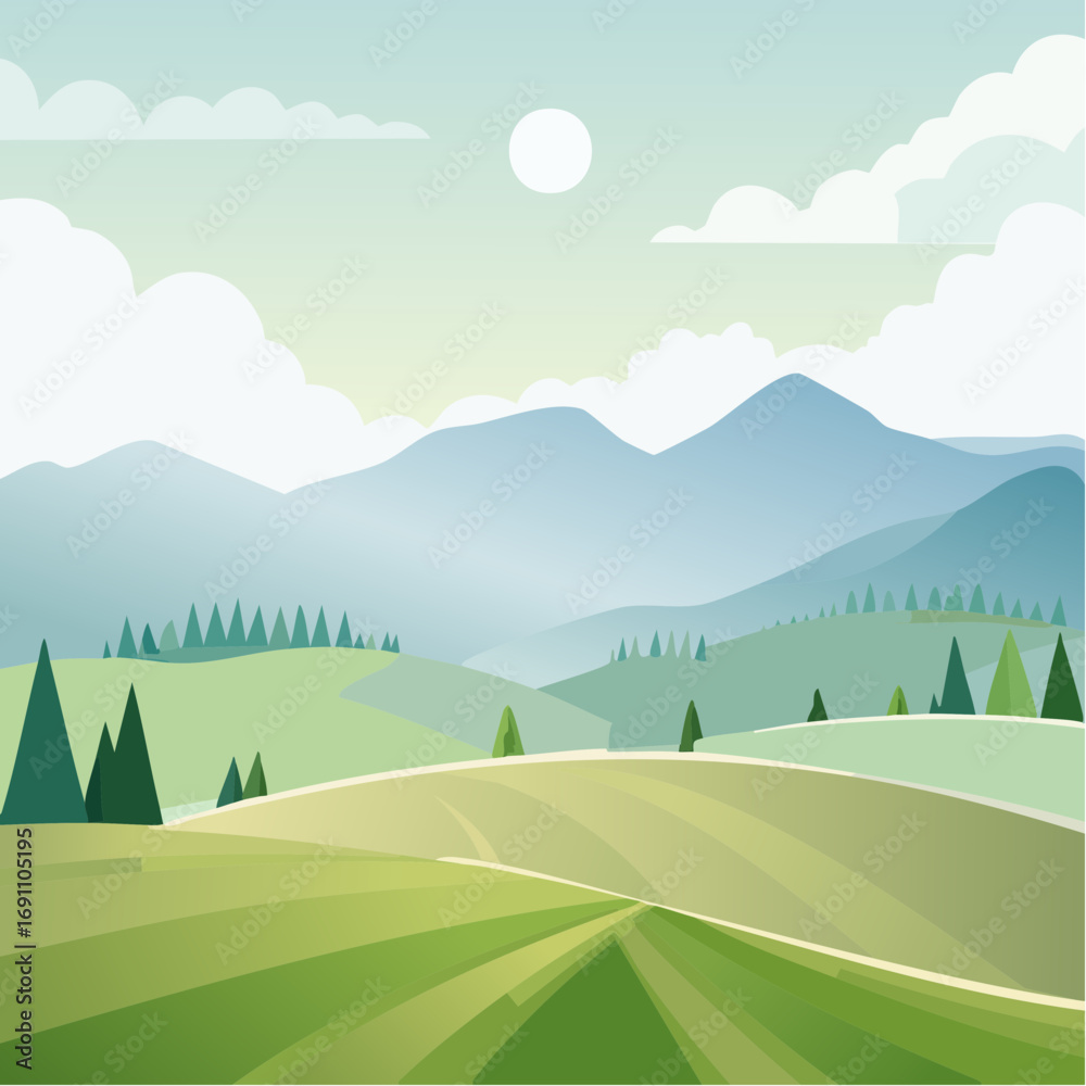 Fototapeta premium Green rolling hills under misty mountains