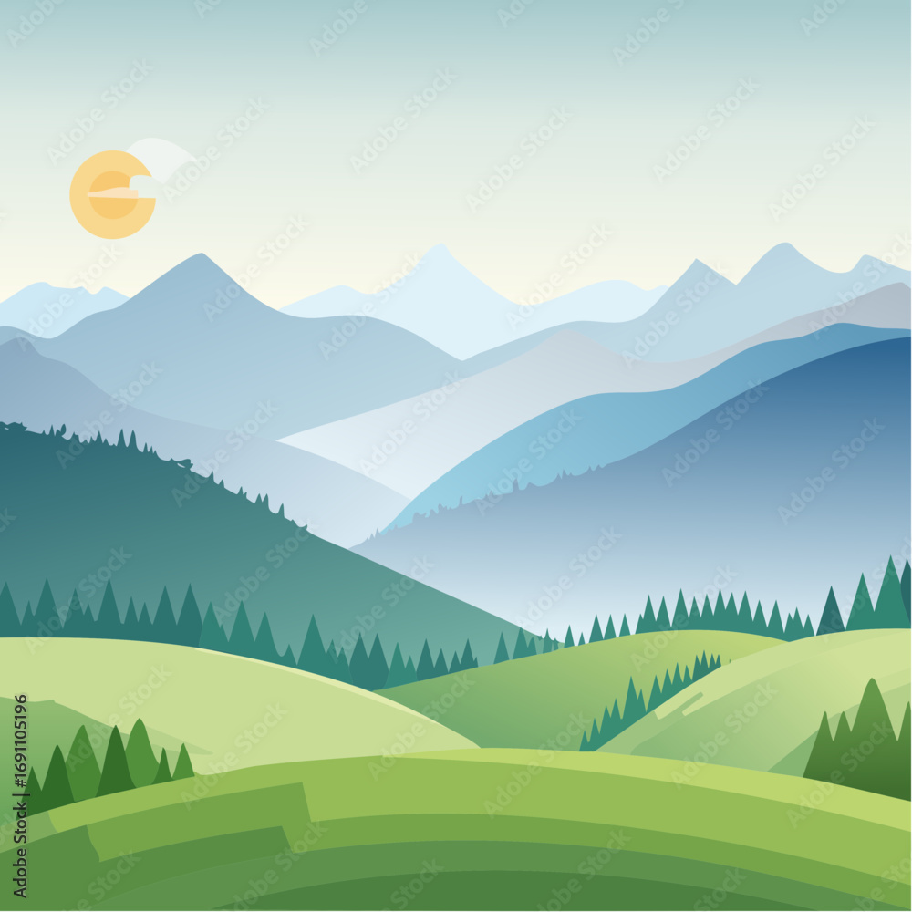 Fototapeta premium Green rolling hills under misty mountains