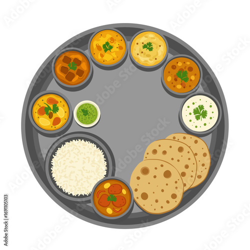 Overhead view of a traditional Indian thali featuring various curries, rice, roti, and condiments arranged on a round metal plate, showcasing the diverse flavors of Indian cuisine.
