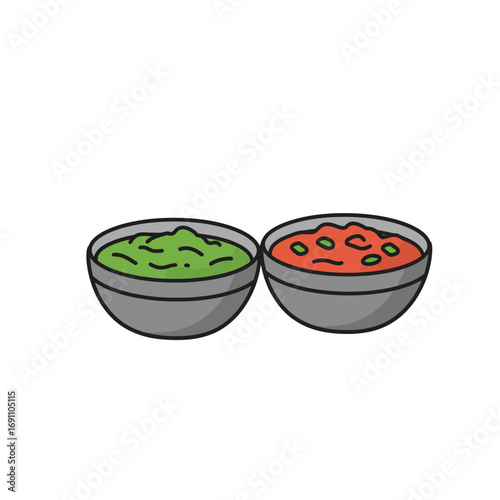Two bowls of colorful dips sit side by side on a white surface, offering a tasty and appetizing snack option for a party or gathering.