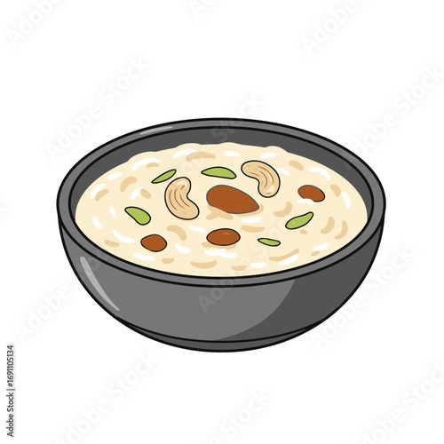 Bowl of kheer garnished with nuts and raisins sits on a white surface, showcasing the creamy texture and inviting aroma of this traditional dessert.
