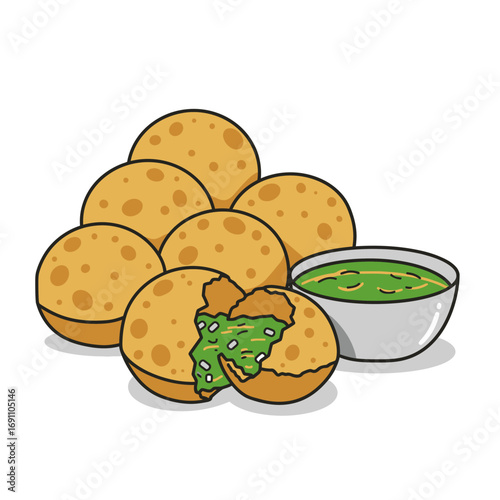 Pile of pani puri with green chutney displayed on white surface, showcasing indian street food with savory and delicious presentation.