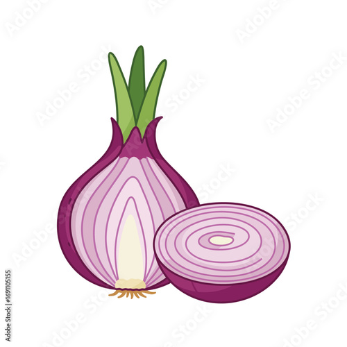 Sliced red onion displaying its concentric layers next to a whole onion with green sprouts on a white surface, showcasing freshness and culinary appeal.