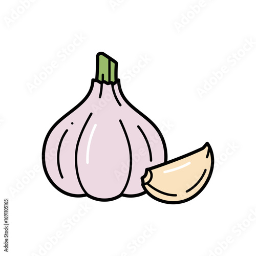 Garlic bulb and clove lying on white surface, showcasing fresh ingredient for cooking, with simple, clean lines and a modern, minimalist aesthetic.