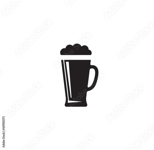 Simple black and white illustration of a beer mug with foamy head on white background.