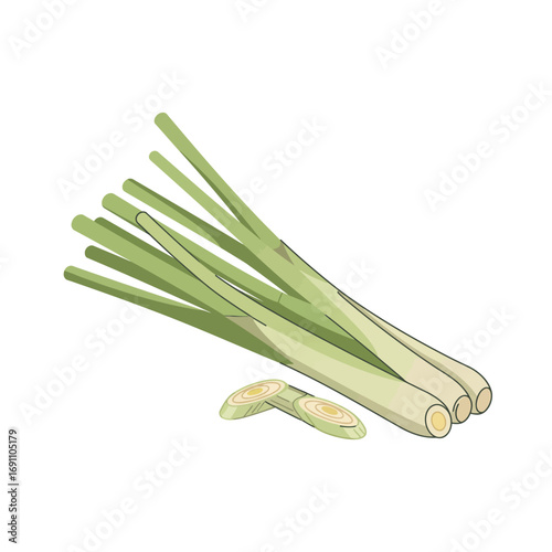 Fresh lemongrass stalks and sliced pieces arranged on a white surface, showcasing their vibrant green color and aromatic qualities, creating a culinary mood.