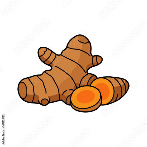Turmeric root and slices laying on a white surface, showcasing its vibrant orange color and natural texture in a simple, clean presentation.
